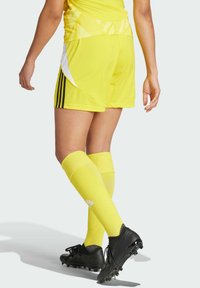Gelbe Fußballshorts mit weißen Akzenten, kombiniert mit passenden gelben Kniestrümpfen und schwarzen Fußballschuhen. Das Outfit besteht aus sportlichem, atmungsaktivem Material.