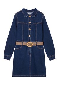 Robe en denim avec des manches longues, boutonnière à l'avant et col pointu. Présente une ceinture tissée avec boucle ronde. Couleur bleu foncé avec des surpiqûres contrastées.