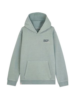 Sudadera verde clara hecha de un tejido suave, con un bolsillo tipo canguro, una gran capucha y detalle de logo en el frontal. Puños y dobladillo acanalados.