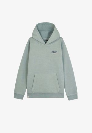 Felpa verde chiaro in morbido tessuto, con tasca a marsupio, un ampio cappuccio e dettagli del logo frontali. Polsini e orlo rigati.
