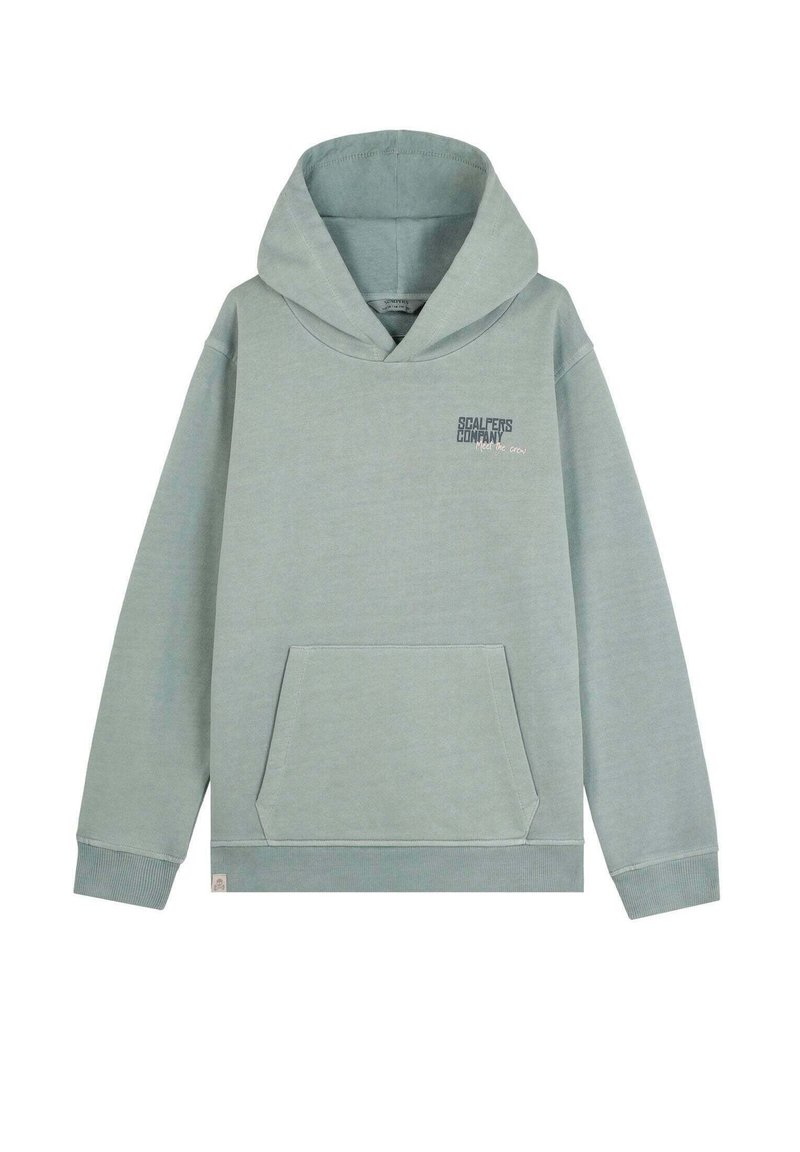 Lys grøn hoodie lavet af blødt stof, med en kengurulomme, en stor hætte og frontlogo-detallering. Ribkanter ved ærmer og forneden.