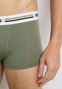 Grüne Baumwoll-Boxershorts mit einem weißen Bund, der mit schwarzen und beigen Streifen versehen ist. Der Stoff hat eine glatte Textur. Hand ruht auf dem Oberschenkel.