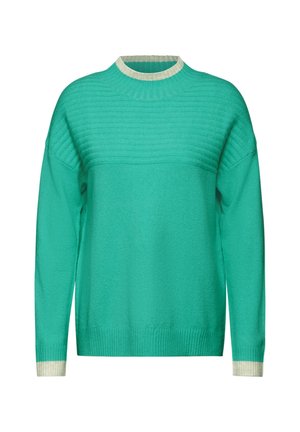 Green knit sweater with ribbed texture, round neckline, and contrasting cream cuffs. Relaxed fit with long sleeves and a solid design.