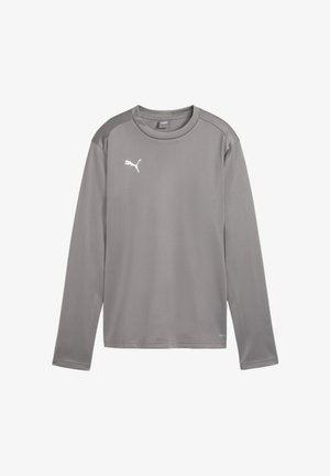 Long-sleeve gray athletic shirt made from smooth fabric, featuring a rounded neckline and a white Puma logo on the left chest.