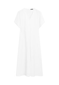 Witte jurk van lichtgewicht stof, met een V-hals, korte mouwen en een A-lijn silhouet met een detail in het midden.