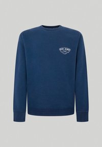 Tumsā zila sporta krekls, kas izgatavots no mīksta auduma, ar apaļu kakla izgriezumu, ribinātām piedurknēm un izšūtu logo kreisajā krūtī.