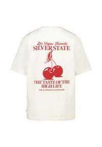 White cotton t-shirt featuring red graphic print of cherries and text: "Las Vegas Nevada SILVER STATE THE TASTE OF THE HIGH LIFE."