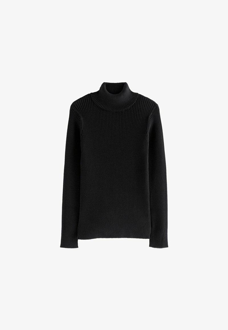 Melna ribota augsta kakla džemperis ar garām piedurknēm, ar augstu kaklu. Audums ir adīts, nodrošinot pieguļošu siluetu.