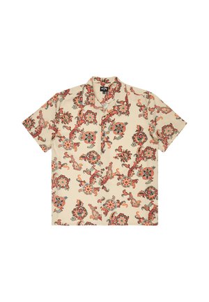 Beiges Kurzarmhemd mit roten, orangenen und grauen Blumen- und Paisley-Mustern, vorne mit Knöpfen und Camp-Kragen.