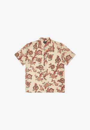 Lühikese varrukaga beež särk punaste, oranžide ja hallide lille- ning paisleymustritega, eest nööbitav ja kampkraga.