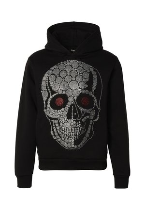 Crni hoodie s velikim grafikom lubanje sastavljenom od bijelih okruglih točkica i crvenih točkica za očne duplje sprijeda.
