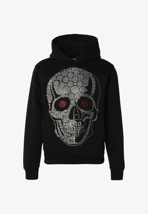 Zwarte hoodie met een grote schedelafbeelding gemaakt van witte ronde stippen en rode stippen voor de oogkassen aan de voorkant.