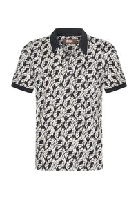 Kortärmad polo skjorta i svart med ett vitt bladmönster, utrustad med en svart krage och kant, tillverkad av mjukt, andningsbart tyg.