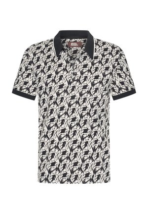 Lyhythihainen polo paita mustana, jossa valkoinen lehtikuvio, mustalla kauluksella ja reunuksilla, valmistettu pehmeästä ja hengittävästä kankaasta.
