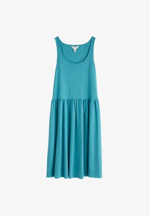 Sukienka bez rękawów, do kolan, w jasnoniebieskim kolorze, z okrągłym dekoltem i marszczoną spódnicą, co nadaje jej zwiewny wygląd.