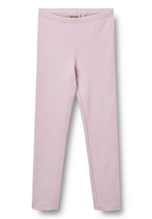 Lyserøde ribstrikkede leggings med tætsiddende design og elastisk taljebånd, lagt fladt mod en hvid baggrund.