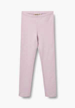 Leggings in tessuto costina rosa chiaro con design aderente e vita elasticizzata, distesi su uno sfondo bianco.