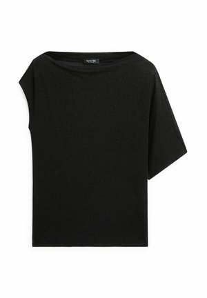 Schwarzes asymmetrisches Kurzarm-Top mit einem breiten Ärmel und Boot-Ausschnitt, einfarbiger Stoff mit dezentem Schimmer.