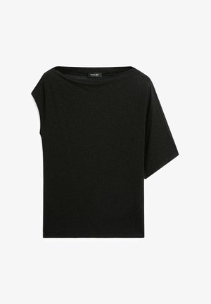 Black asymmetrical short-sleeve top with one wide sleeve and a boat neckline, plain fabric with subtle shimmer.