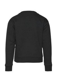 Sweat-shirt noir, en coton, à col rond, à manches longues, avec des poignets et un ourlet côtelés, design simple sans logos ni motifs visibles.