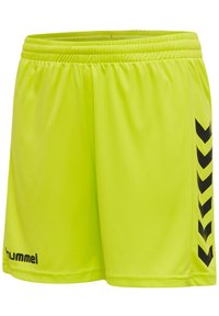 Neon-gelbe Sportshorts mit einem elastischen Bündchen, die schwarze Chevron-Akzente an den Seiten und ein Logo auf der unteren linken Seite aufweisen.