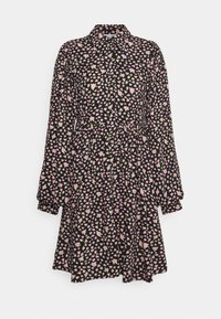 Vestido preto com um padrão floral de pequenas flores rosas e verdes, mangas longas bufantes e colarinho abotoado.