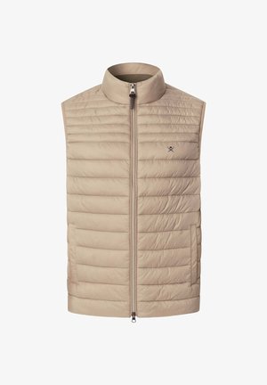 Beige, gesteppte Weste mit hohem Kragen und Reißverschluss vorne. Sie verfügt über seitliche Taschen und ein Logo auf der Brust. Leichtes, wattiertes Material.