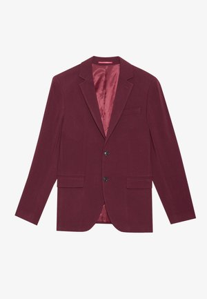 Blazer burdeos con una textura suave, diseño de un solo botón, dos bolsillos frontales y un forro de satén en un tono más claro.
