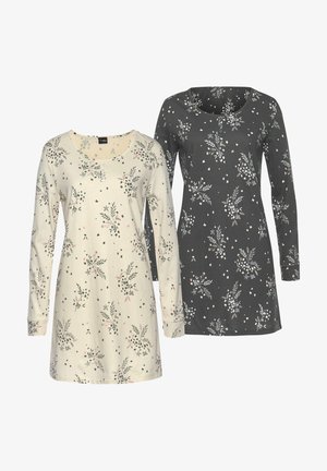 Zwei Langarmkleider: eines in Creme mit floralen Mustern in Pink und Grau und eines in Dunkelgrau mit ähnlichen floralen Designs. Aus Baumwollmaterial.
