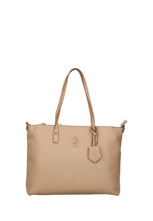 Beige Leder-Shopper mit doppelten Griffen, Reißverschluss und kleinem hängenden Etikett.