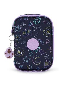 Astuccio zipper viola e blu con motivi colorati di stelle e lune. Presenta un charm in gomma a forma di scimmia appesa a un portachiavi metallico.