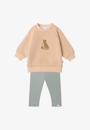 Beige long-sleeve sweatshirt with a small leopard and heart print paired with light green ribbed leggings for toddlers.