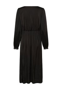 Robe midi noire à manches longues avec taille froncée et bordure en dentelle aux poignets, vue de dos sur fond blanc.