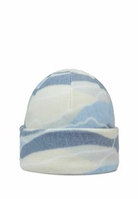 Gorra de lana con un dobladillo, hecha de forro polar suave y estampado en tonos de azul y crema, con diseños ondulados y una parte superior redondeada.