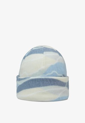 Beanie with a folded cuff, made of soft, patterned fleece in shades of blue and cream, featuring wavy designs and a rounded top.