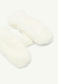 Weiße, fuzzy Fäustlinge aus weichem, flauschigem Material. Runde, gestickte Kanten und ein gemütliches Design sorgen für Wärme und Komfort.