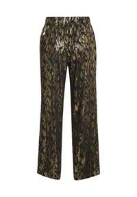 Musta-kultaiset kuvioidut leveälahkeiset housut, joissa on joustava vyötärönauha. Housuissa on kiiltävä ja sileä pinta sekä pystysuoria juovia eri leveyksillä.