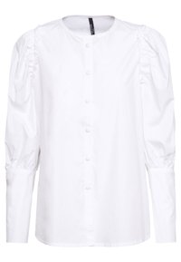 Blusa bianca con scollatura tonda, chiusura frontale a bottoni e maniche lunghe con dettagli arricciati sulle spalle e sui polsi.