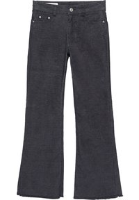 Temno sive hlače iz kordorja visoke pasu s sprednjim gumbom, zadrgo, zankami za pas, dvema sprednjima žepoma in nekoliko raztrganimi širokimi nogavicami.