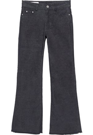 Tmavě šedé kordové kalhoty s vysokým pasem, předním knoflíkem, zipem, poutky na opasek, dvěma předními kapsami a mírně třepenými širokými nohavicemi.