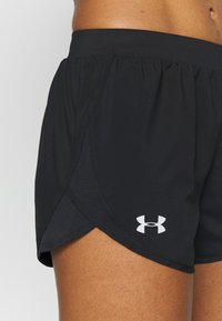 Gros plan d'une personne portant un short de sport noir avec un logo blanc Under Armour et des panneaux latéraux en mesh.