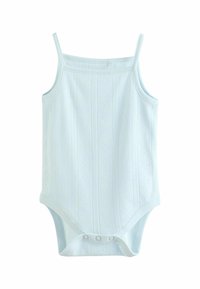 Ljusblå ärmlös bodysuit med en delikat diamantmönstring, mjuk textur, justerbara band och tryckknappar i botten.