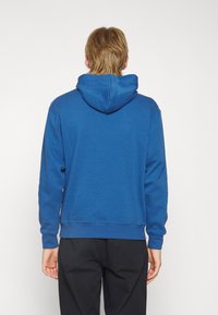 Sudadera de algodón azul con capucha ajustable, puños y dobladillo de canalé. Textura suave, que muestra detalles de costura en la parte posterior y las mangas.