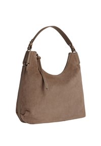 Brązowa torebka ze zamszu o gładkiej fakturze, w kształcie hobo, z zaokrąglonym dnem. Posiada jeden regulowany pasek oraz detal w postaci suwaka.