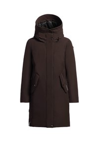 Parka larga marrón con cuello alto y capucha desmontable, que presenta grandes bolsillos frontales, una textura suave y cierre de cremallera oculto.