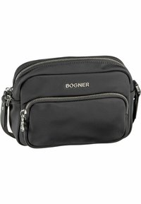 Borsa a tracolla nera in nylon con doppie tasche zip, hardware argentato e logo del marchio sul fronte. Texture liscia, forma rettangolare.