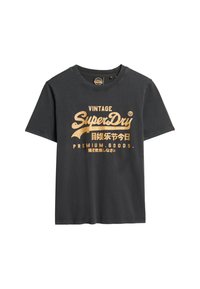 Zwarte katoenen T-shirt met korte mouwen, met goudkleurige tekst "VINTAGE SuperDry" en andere gedrukte details. Ronde halslijn, casual pasvorm.