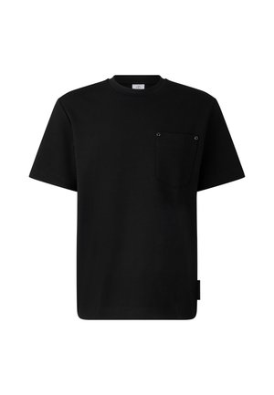 Black short-sleeve T-shirt made of cotton, featuring a chest pocket with metal accents and a crew neck design. Simple and functional style.