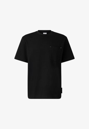 Black short-sleeve T-shirt made of cotton, featuring a chest pocket with metal accents and a crew neck design. Simple and functional style.