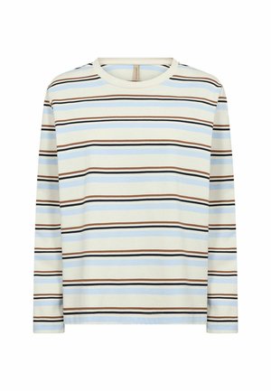 Camiseta de manga larga en beige claro con rayas horizontales en azul marino, azul claro y marrón. Cuello redondo y material de algodón suave.